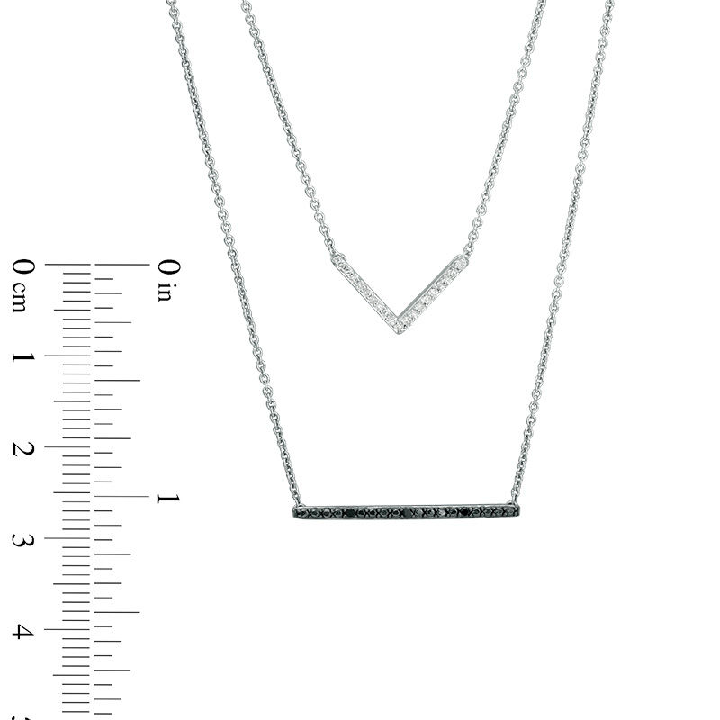 1/10 CT. T.W. Enhanced Black and White Diamond Bar and Chevron Double Strand Necklace in Sterling Silver - 19"