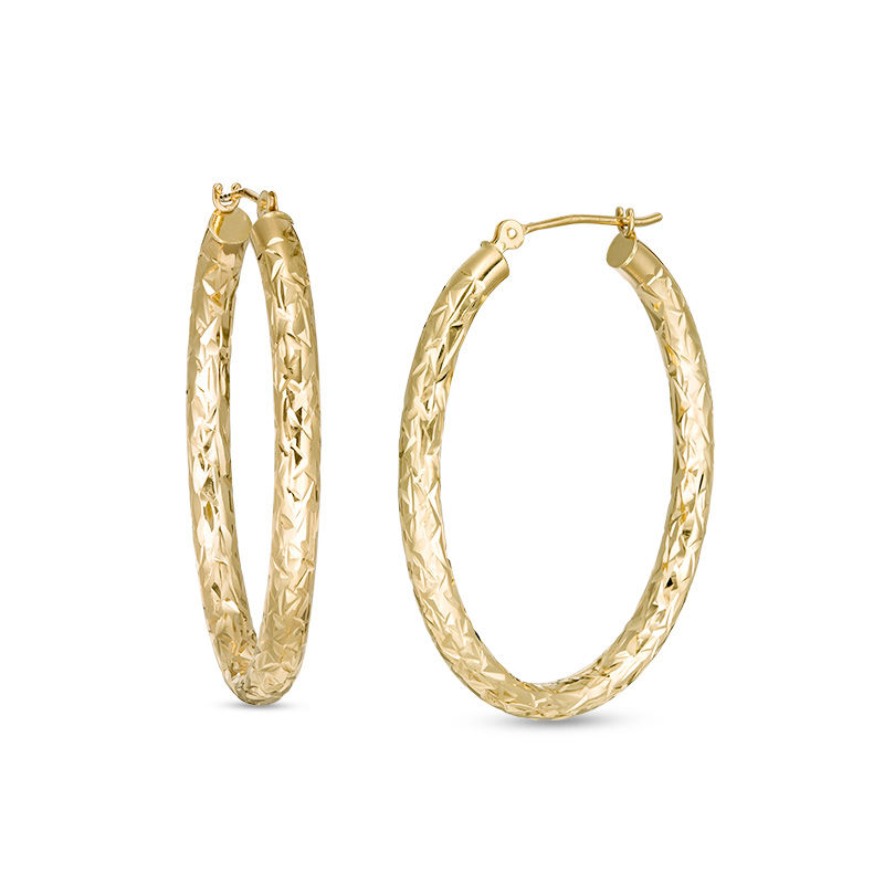 Jewel Tie 14K Yellow Gold Diamond-Cut Fancy Hollow Oval Hoop Earrings 24 X 27mm