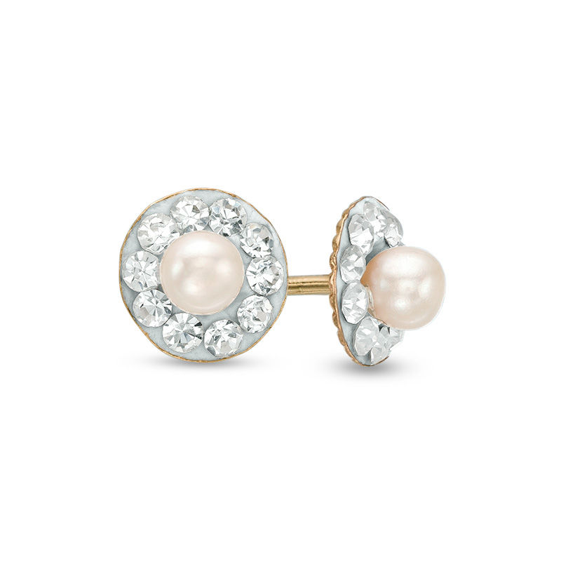 Child's 3.0mm Dyed Pink Cultured Freshwater Pearl and Crystal Frame Stud Earrings in 14K Gold
