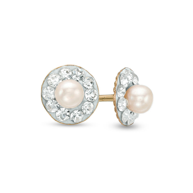 Main Image 1 of Child's 3.0mm Dyed Pink Freshwater Cultured Pearl and Crystal Frame Stud Earrings in 14K Gold