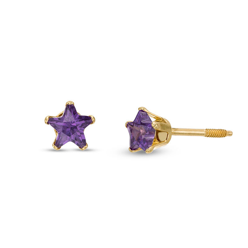 Child's 4.0mm Star-Shaped Purple Cubic Zirconia Stud Earrings in 14K Gold