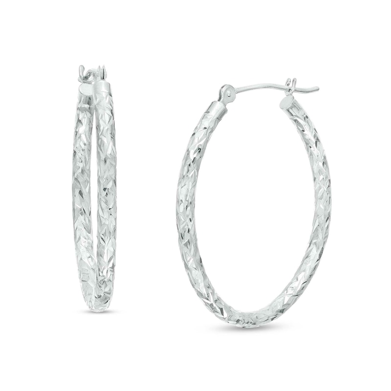 Main Image 1 of 2.0mm Diamond-Cut Tube Oval Hoop Earrings in 14K White Gold