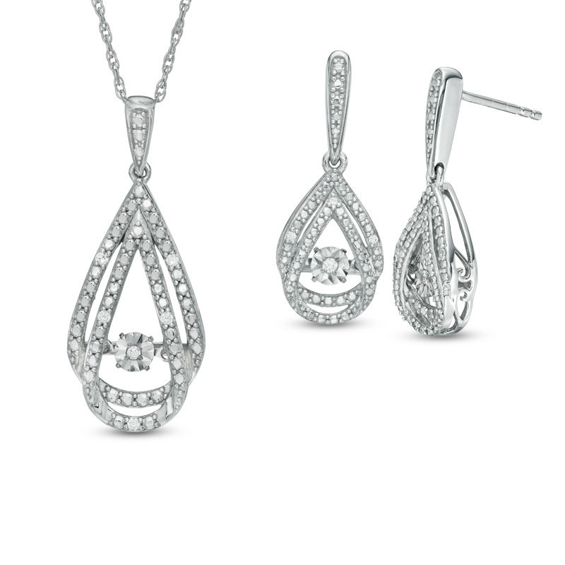 Main Image 1 of 0.085 CT. T.W. Diamond Teardrop Pendant and Earrings Set in Sterling Silver