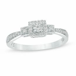 1/10 CT. T.W. Diamond Square Frame Three Stone Promise Ring in 10K White Gold