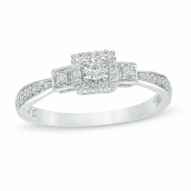 Main Image 1 of 1/10 CT. T.W. Diamond Square Frame Three Stone Promise Ring in 10K White Gold