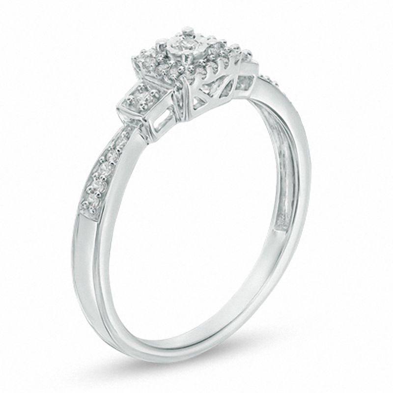 Main Image 2 of 1/10 CT. T.W. Diamond Square Frame Three Stone Promise Ring in 10K White Gold