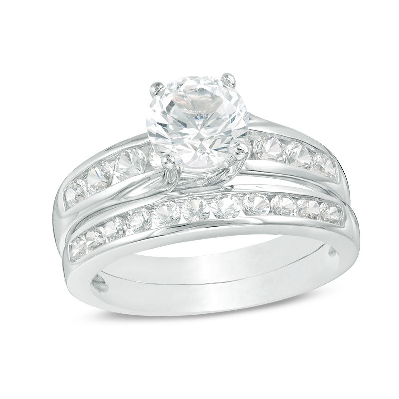 Main Image 1 of 7.0mm Lab-Created White Sapphire Bridal Set in Sterling Silver