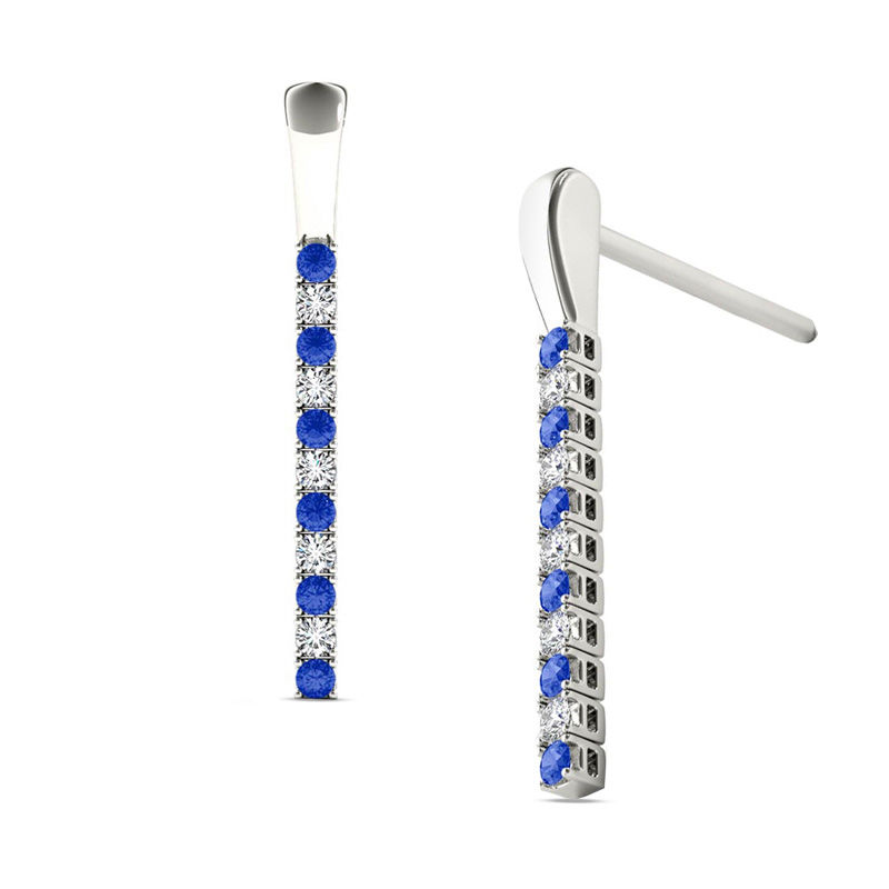 Line of Love™ Blue Sapphire and 1/5 CT. T.W. Diamond Alternating Drop Earrings in 10K White Gold
