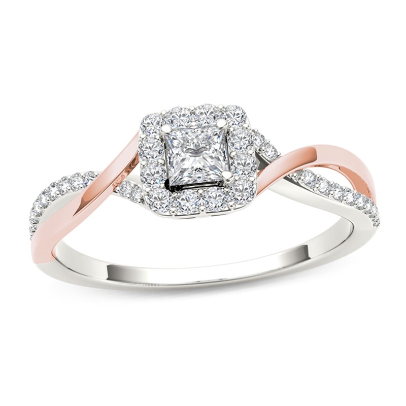Main Image 1 of 1/2 CT. T.W. Princess-Cut Diamond Square Frame Twist Engagement Ring in 14K Two-Tone Gold