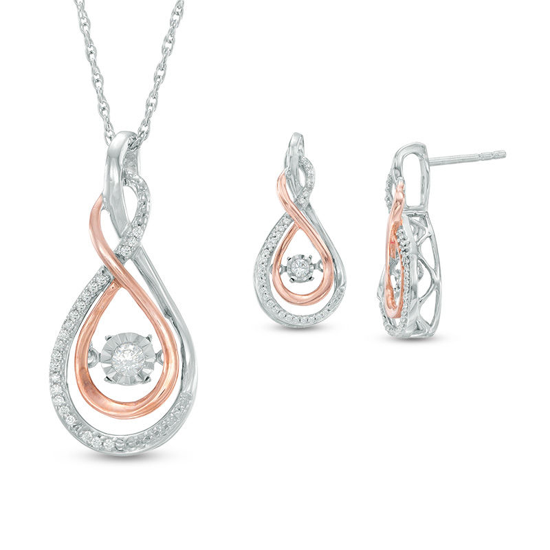 1/4 CT. T.W. Diamond Infinity Pendant and Earrings Set in Sterling Silver and 10K Rose Gold