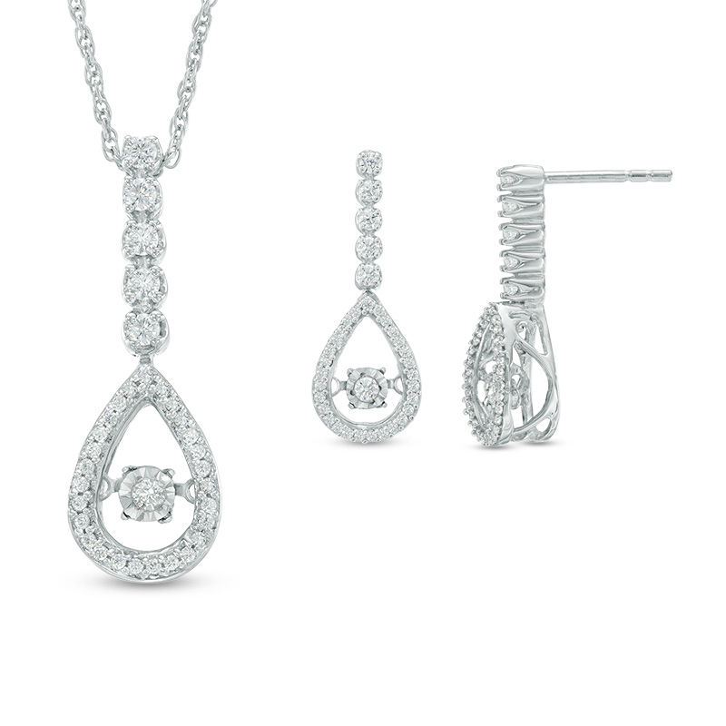 0.45 CT. T.W. Diamond Linear Teardrop Pendant and Drop Earrings Set in 10K White Gold