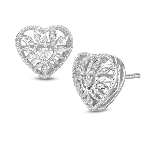 Diamond Accent Heart Starburst Stud Earrings in Sterling Silver Zales