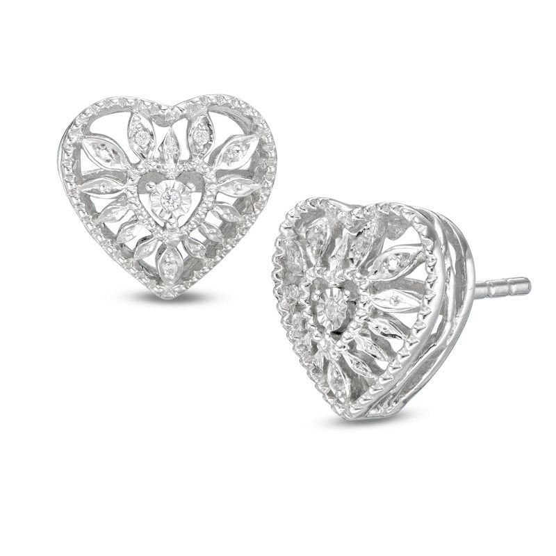 Diamond Accent Heart Starburst Stud Earrings in Sterling Silver