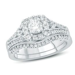 1 CT. T.W. Diamond Cushion Frame Vintage-Style Bridal Set in 10K White Gold