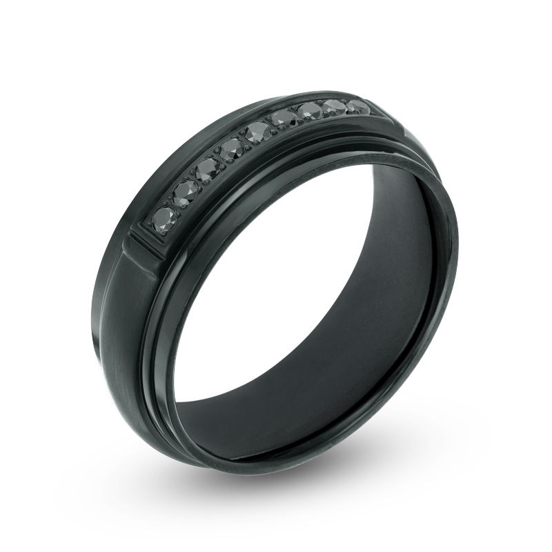 Men's 1/6 CT. T.W Black Diamond Channel Wedding Band in Black IP Stainless Steel