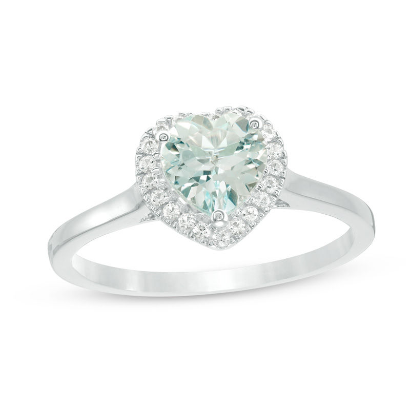 Main Image 1 of 6.0mm Heart-Shaped Aquamarine and Lab-Created White Sapphire Frame Ring in Sterling Silver