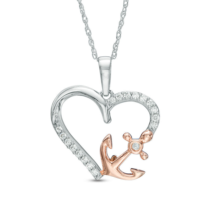 1/10 CT. T.W. Diamond Heart with Side Anchor Pendant in 10K Two-Tone Gold