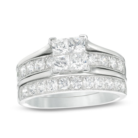 1 3/4 Ct. T.w. Quad Princess Cut Diamond Vintage Style Bridal Set In 14k White Gold