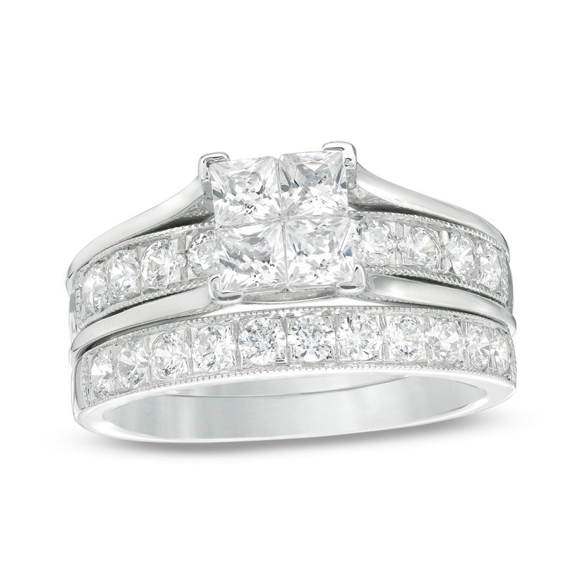 1-3/4 CT. T.W. Quad Princess-Cut Diamond Vintage-Style Bridal Set in 14K White Gold