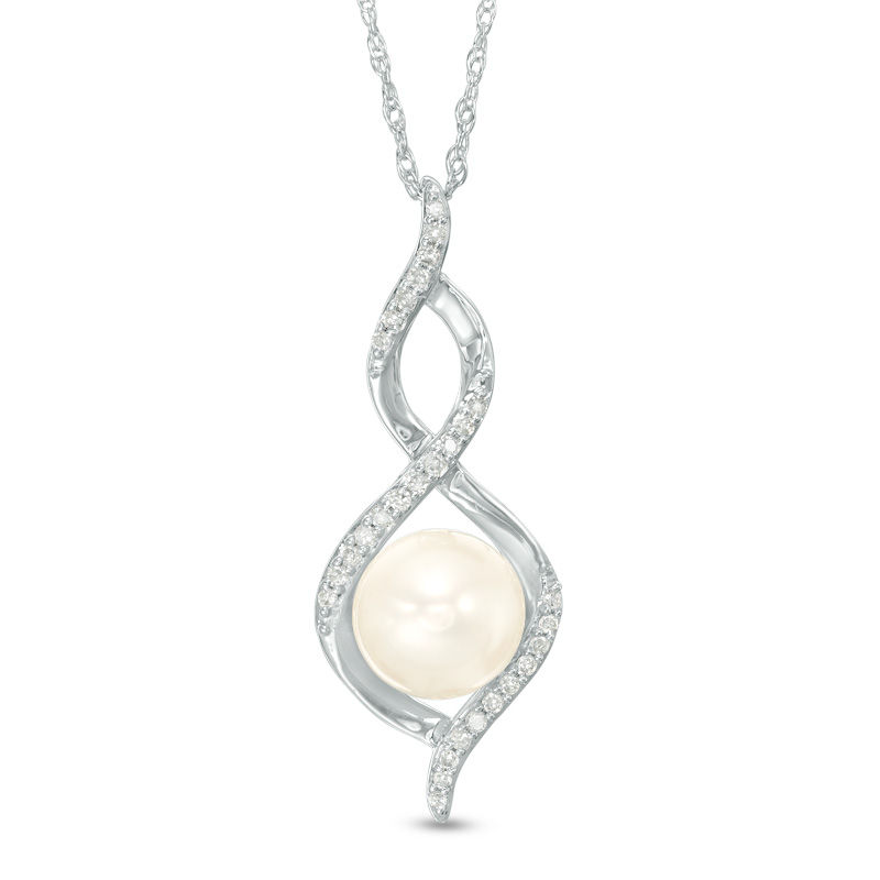 Main Image 1 of 7.0mm Freshwater Cultured Pearl and Diamond Accent Infinity Pendant in Sterling Silver
