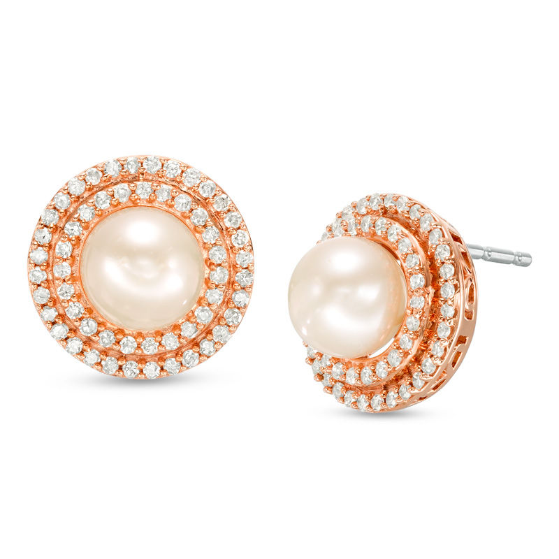 Main Image 1 of 6.0mm Freshwater Cultured Pearl and Lab-Created White Sapphire Stud Earrings in Sterling Silver with 14K Rose Gold Plate