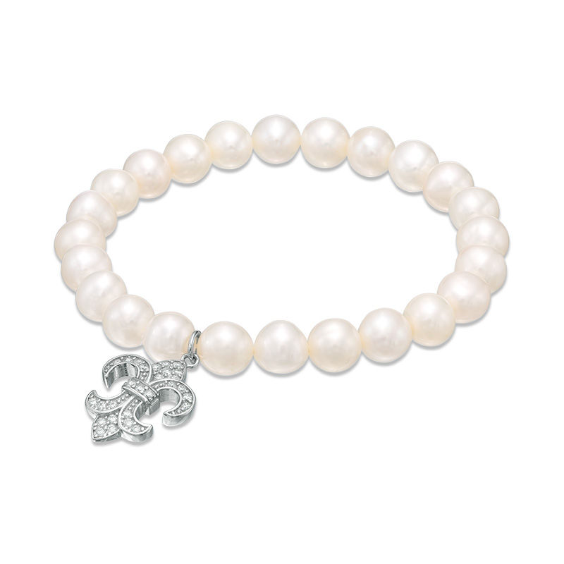 Main Image 1 of 7.0-8.0mm Freshwater Cultured Pearl and Cubic Zirconia Fleur-de-Lis Charm Stretch Bracelet in Sterling Silver