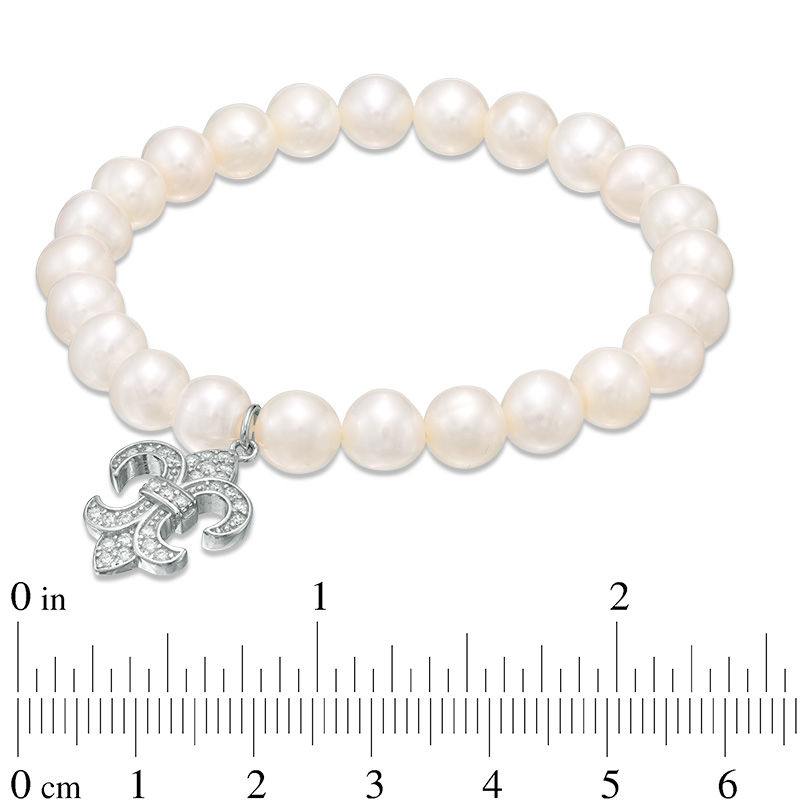 Main Image 2 of 7.0-8.0mm Freshwater Cultured Pearl and Cubic Zirconia Fleur-de-Lis Charm Stretch Bracelet in Sterling Silver