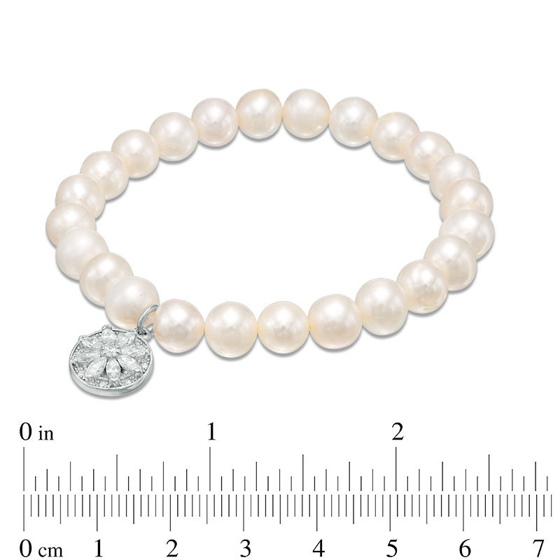 7.0 - 8.0mm Cultured Freshwater Pearl and Cubic Zirconia Medallion Charm Stretch Bracelet in Sterling Silver