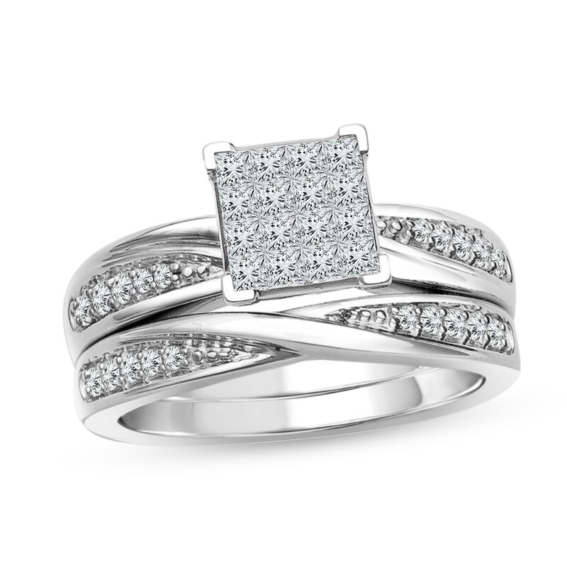 1/2 CT. T.W. Princess-Cut Multi-Diamond Twist Shank Bridal Set in 10K White Gold
