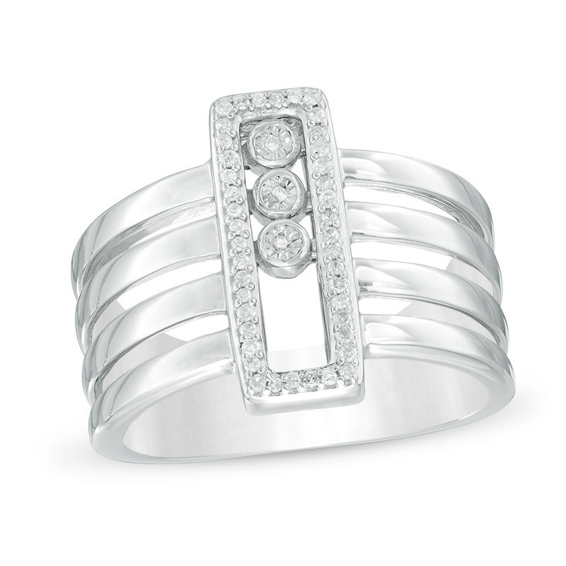 Main Image 1 of 1/10 CT. T.W. Diamond Three Stone Rectangle Frame Slide Ring in Sterling Silver
