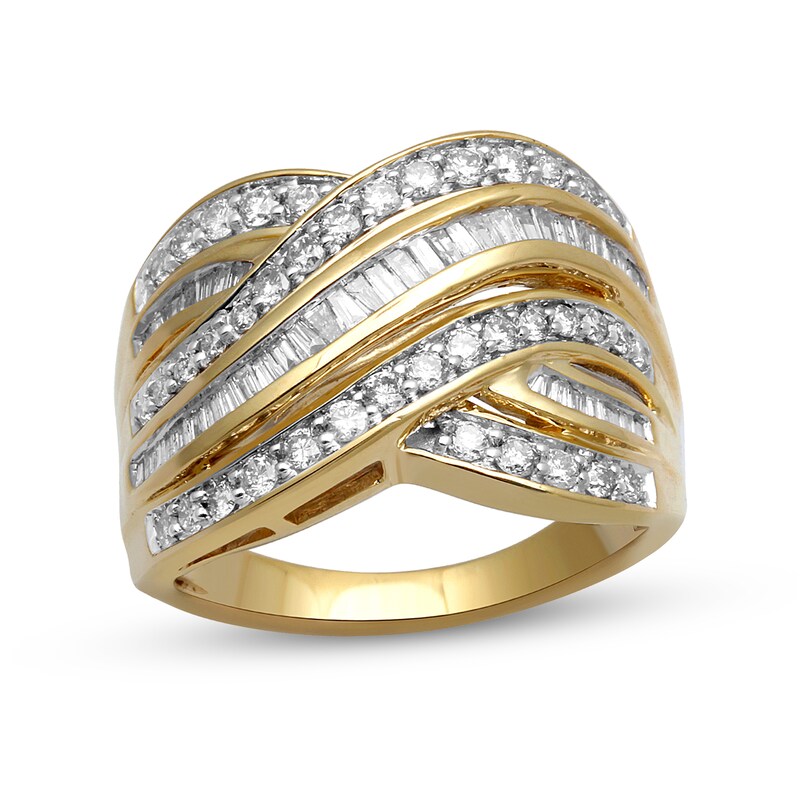 Main Image 1 of 1 CT. T.W. Baguette and Round Diamond Crossover Multi-Row Ring in 10K White Gold