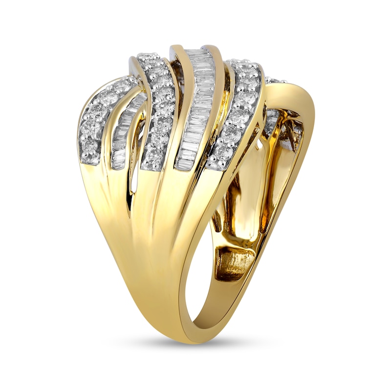 Main Image 2 of 1 CT. T.W. Baguette and Round Diamond Crossover Multi-Row Ring in 10K White Gold