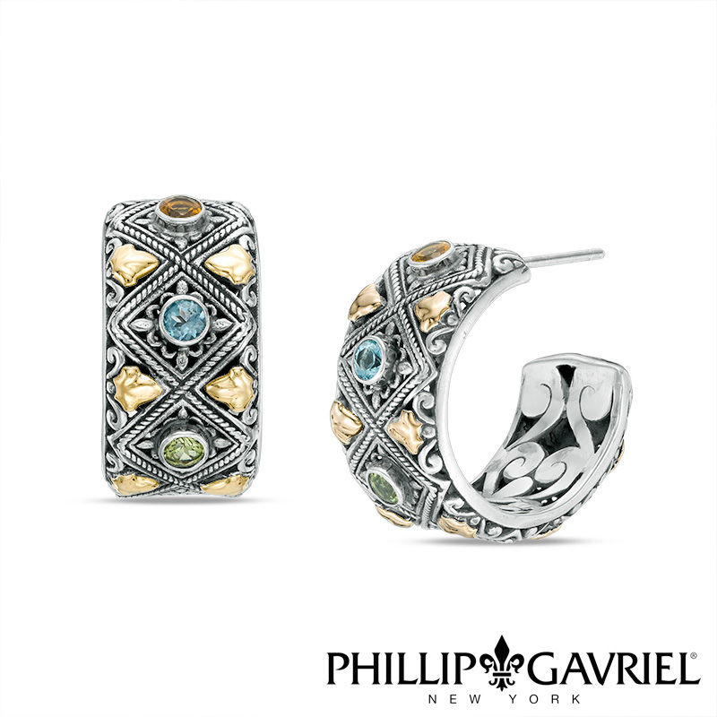 Phillip Gavriel® Multi-Gemstone Oxidized Vintage-Style Demi-Hoop Earrings in Sterling Silver and 18K Gold