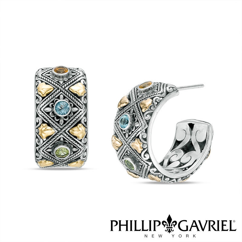 Main Image 1 of Phillip Gavriel® Multi-Gemstone Oxidized Vintage-Style Demi-Hoop Earrings in Sterling Silver and 18K Gold