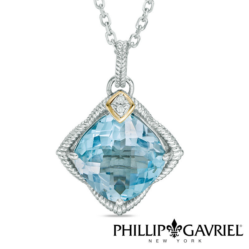 Phillip Gavriel® Cushion-Cut Blue Topaz and Diamond Accent Textured Pendant in Sterling Silver and 18K Gold