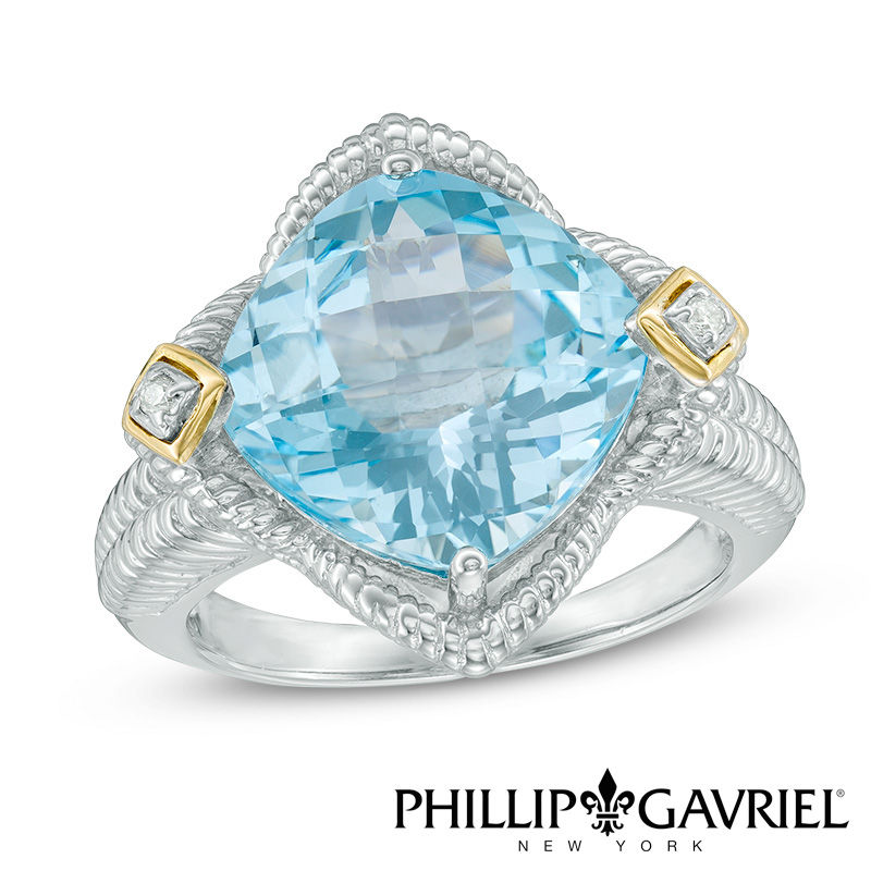 Main Image 1 of Phillip Gavriel® Cushion-Cut Blue Topaz and Diamond Accent Textured Ring in Sterling Silver and 18K Gold
