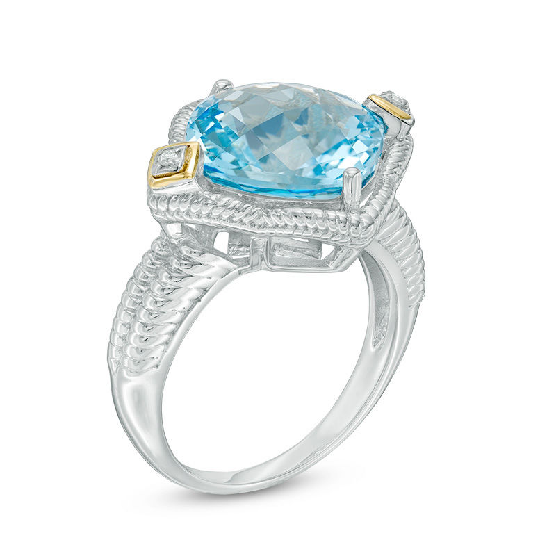 Main Image 2 of Phillip Gavriel® Cushion-Cut Blue Topaz and Diamond Accent Textured Ring in Sterling Silver and 18K Gold