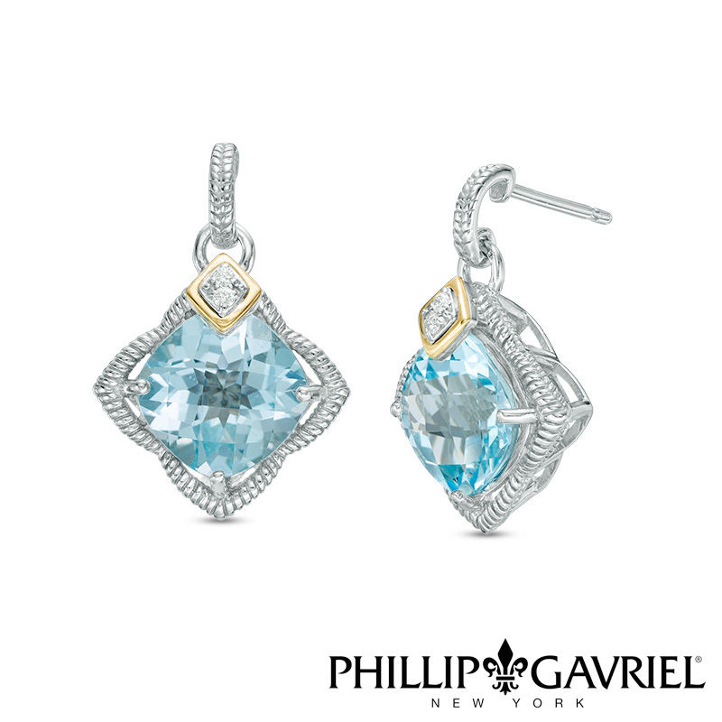 Phillip Gavriel® 10.0mm Cushion-Cut Blue Topaz and Diamond Accent Drop Earrings in Sterling Silver and 18K Gold