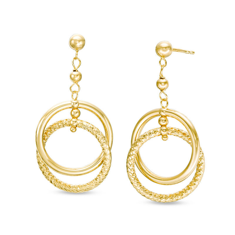 Made in Italy Etched Double Circle Drop Earrings in 14K Gold