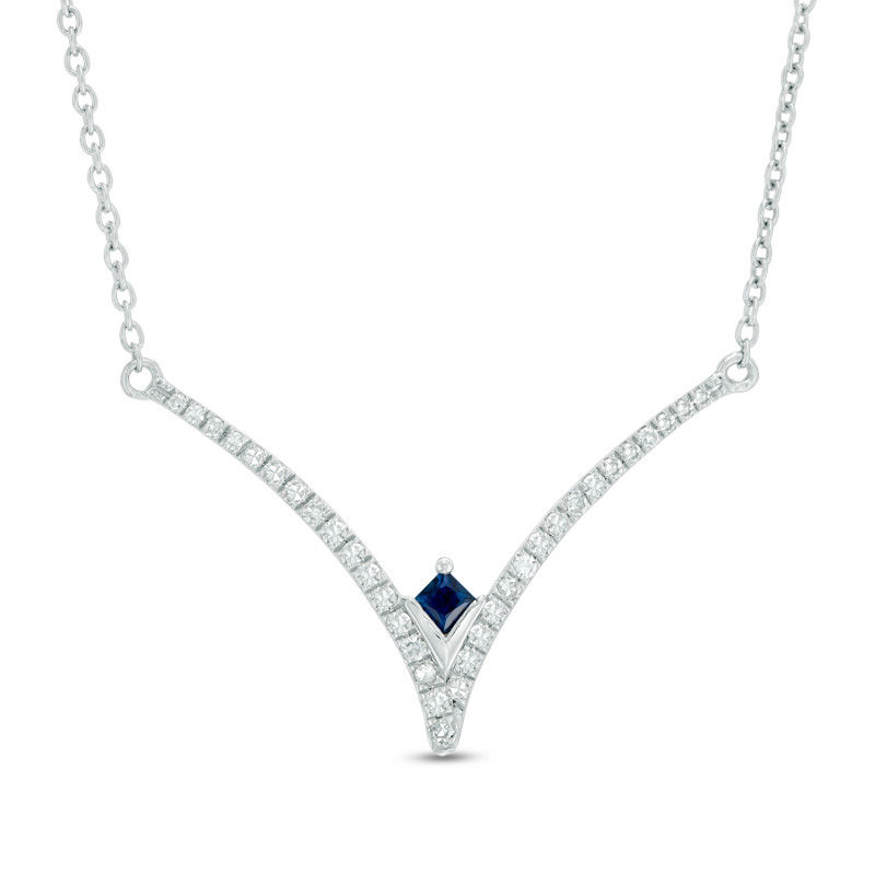 Vera Wang Love Collection 1/5 CT. T.W. Diamond and Blue Sapphire Chevron Necklace in Sterling Silver