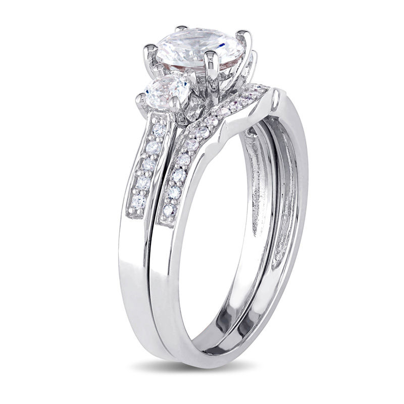 6.0mm Lab-Created White Sapphire and 1/8 CT. T.W. Diamond Three Stone Bridal Set in 10K White Gold