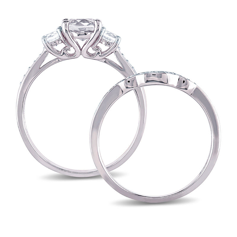 Main Image 3 of 6.0mm Lab-Created White Sapphire and 1/8 CT. T.W. Diamond Three Stone Bridal Set in 10K White Gold