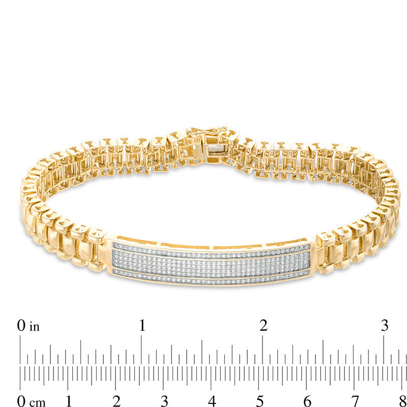 Main Image 3 of Men's 1 CT. T.W. Diamond Pavé Triple Row ID Bracelet in 10K Gold - 8.5"