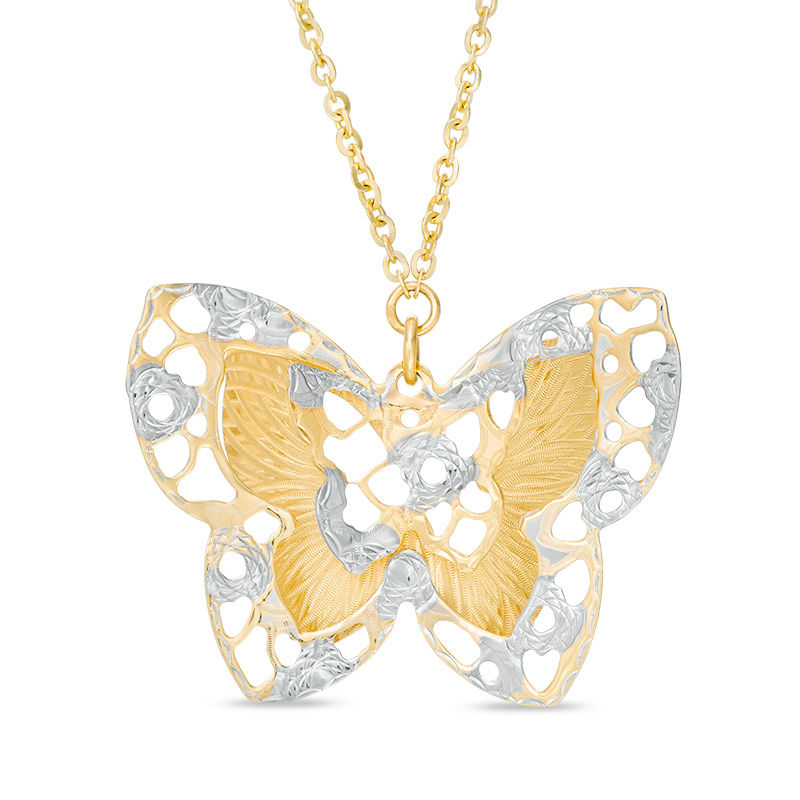 Main Image 1 of Made in Italy Textured Lattice Butterfly Necklace in 14K Two-Tone Gold