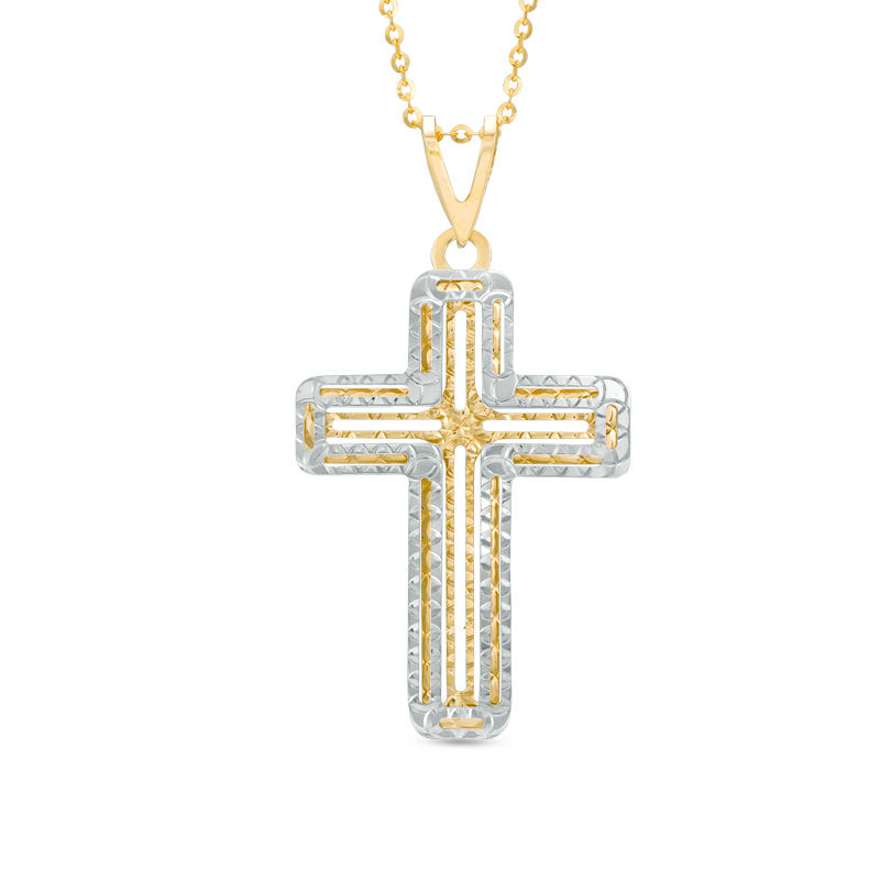 Main Image 1 of Made in Italy Diamond-Cut Cross Pendant in 14K Two-Tone Gold