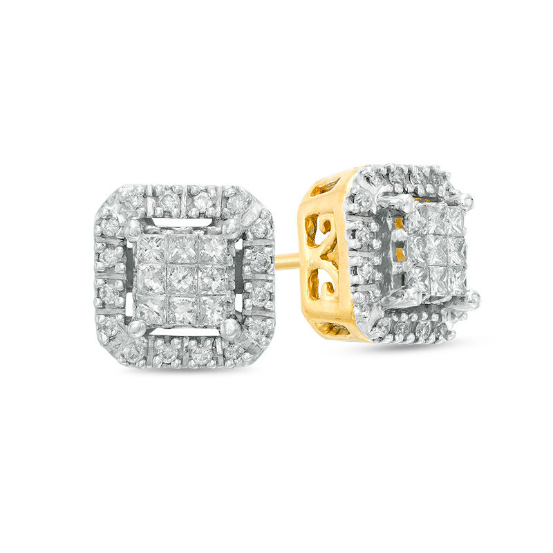 1/3 CT. T.W. Princess-Cut Diamond Frame Stud Earrings in 10K Gold ...