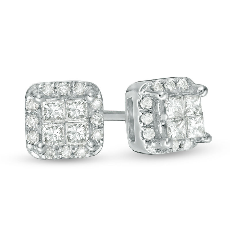 1/4 CT. T.W. Quad Princess-Cut Diamond Frame Stud Earrings in 10K White Gold