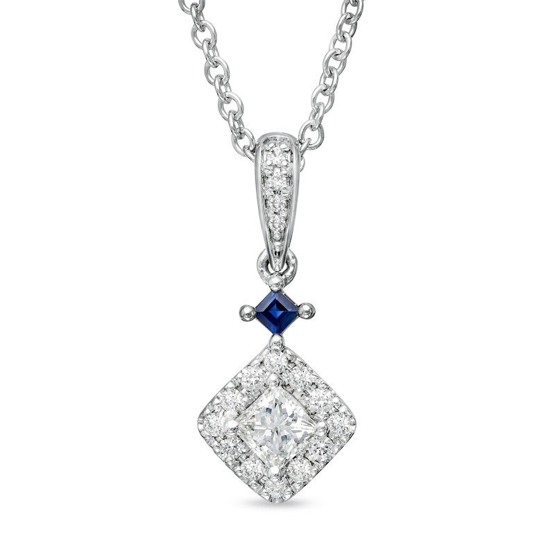 Vera Wang Love Collection 3/8 CT. T.W. Diamond and Princess-Cut Blue Sapphire Pendant in 14K White Gold