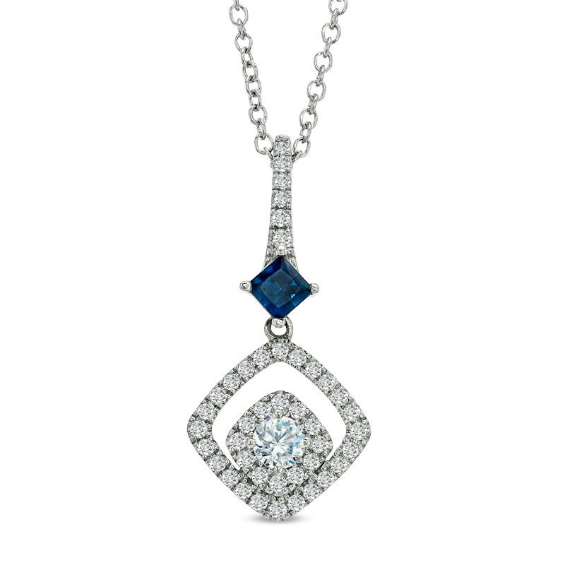 Vera Wang Love Collection 1/2 CT. T.W. Diamond and Blue Sapphire Drop  Pendant in 14K White Gold