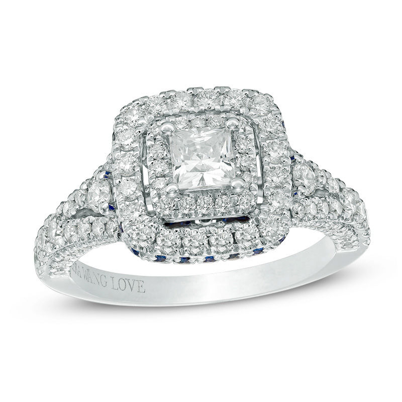 Main Image 1 of Vera Wang Love Collection 1-1/4 CT. T.W. Princess-Cut Diamond and Sapphire Frame Engagement Ring in 14K White Gold